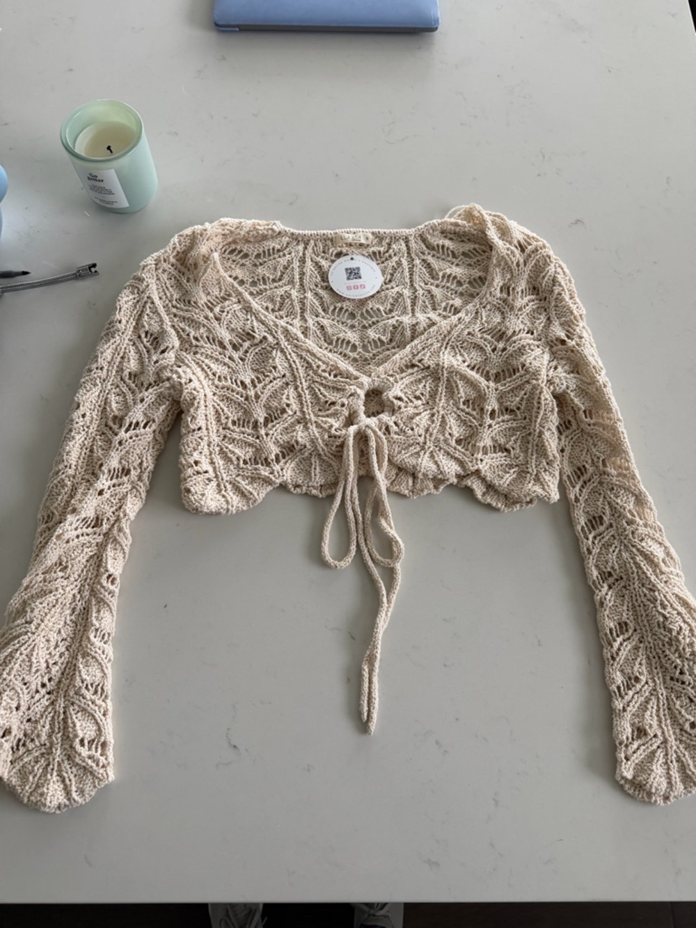 Crochet Tie-Front Crop Top - Cream